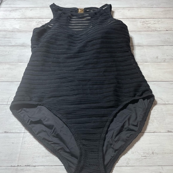 Ralph Lauren Ottoman Mesh high Boatneck One Piece Swimsuit black tummy control - Picture 6 of 9